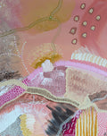 An abstract textured painting featuring a patchwork of pink, peach, beige, brown, black, and white brushstrokes, dotted lines, and organic geometric shapes.