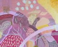An abstract painting featuring textured brushstrokes and dotted patterns in shades of pink, magenta, yellow, cream, and brown, with organic shapes and dotted details throughout the composition.