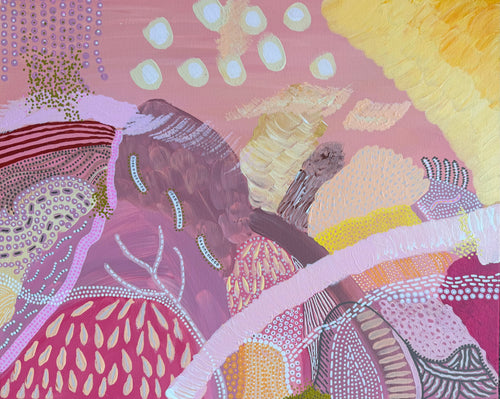 An abstract painting featuring textured brushstrokes and dotted patterns in shades of pink, magenta, yellow, cream, and brown, with organic shapes and dotted details throughout the composition.